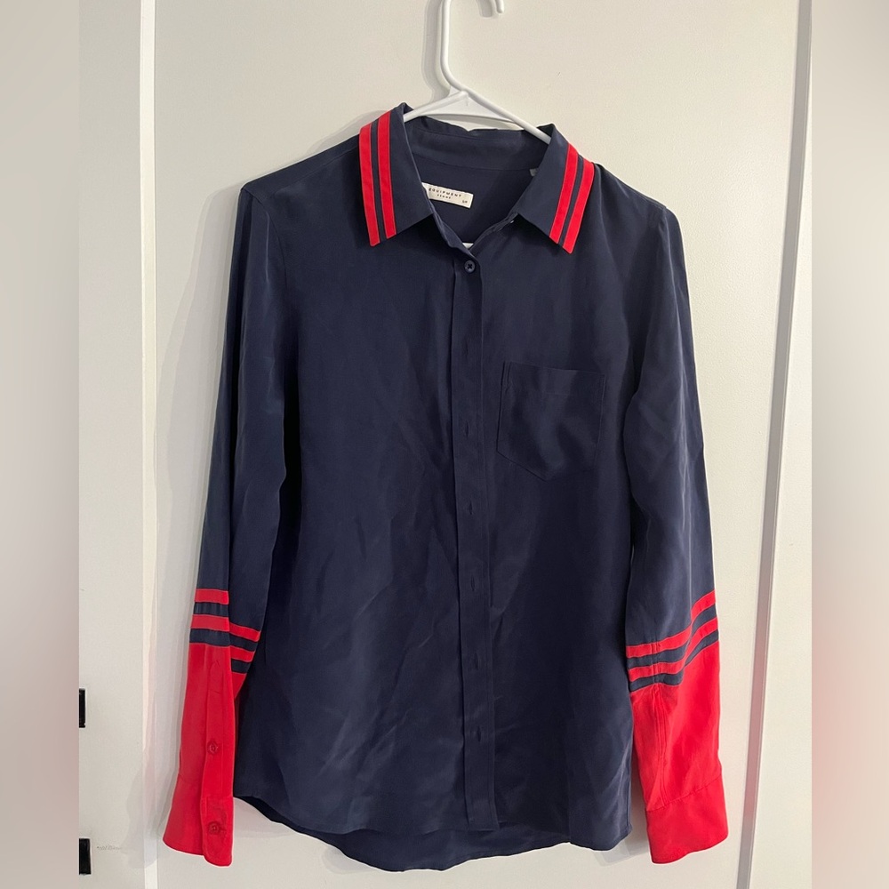 Navy & Red Silk button up top - petite